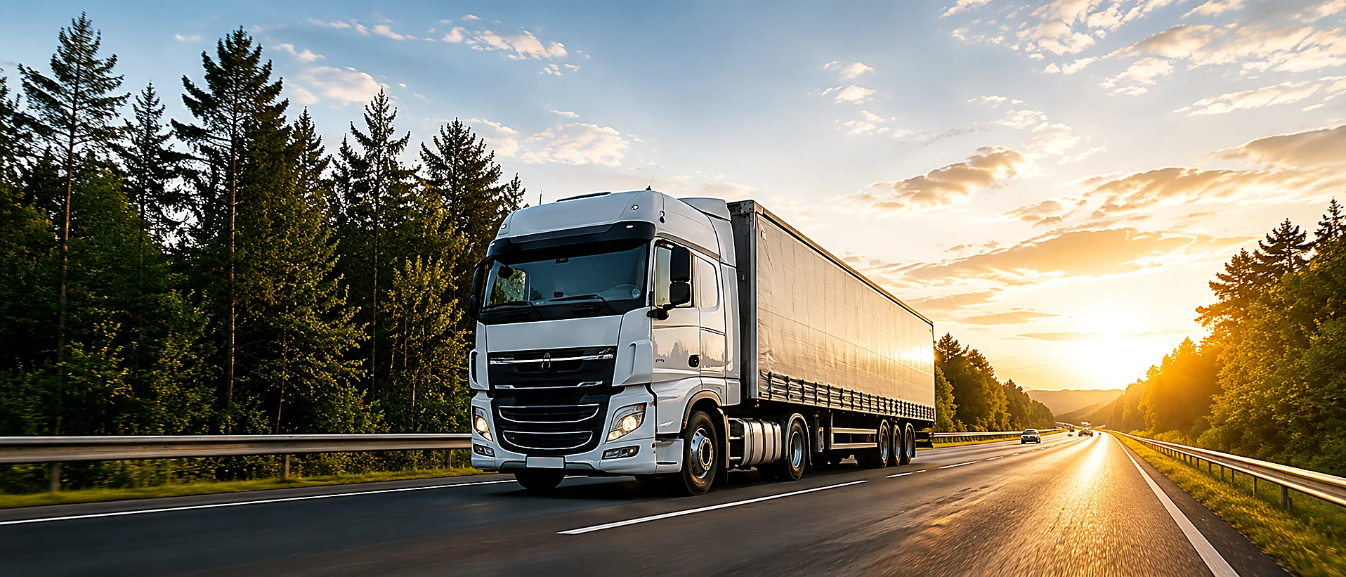 Neutralna ciężarówka realizująca transport drogowy o zachodzie słońca